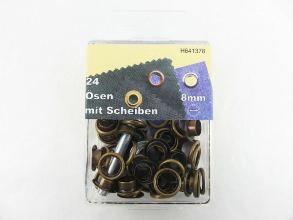 Ösen mit Scheiben und Werkzeug 8 mm altmessing